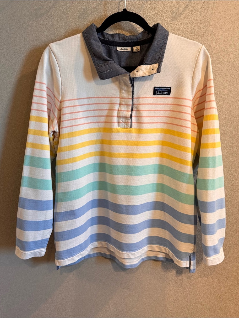 L.L. Bean Women’s Rugby Long-Sleeve Shirt in Pastel Yellow Mint Blue Stripes